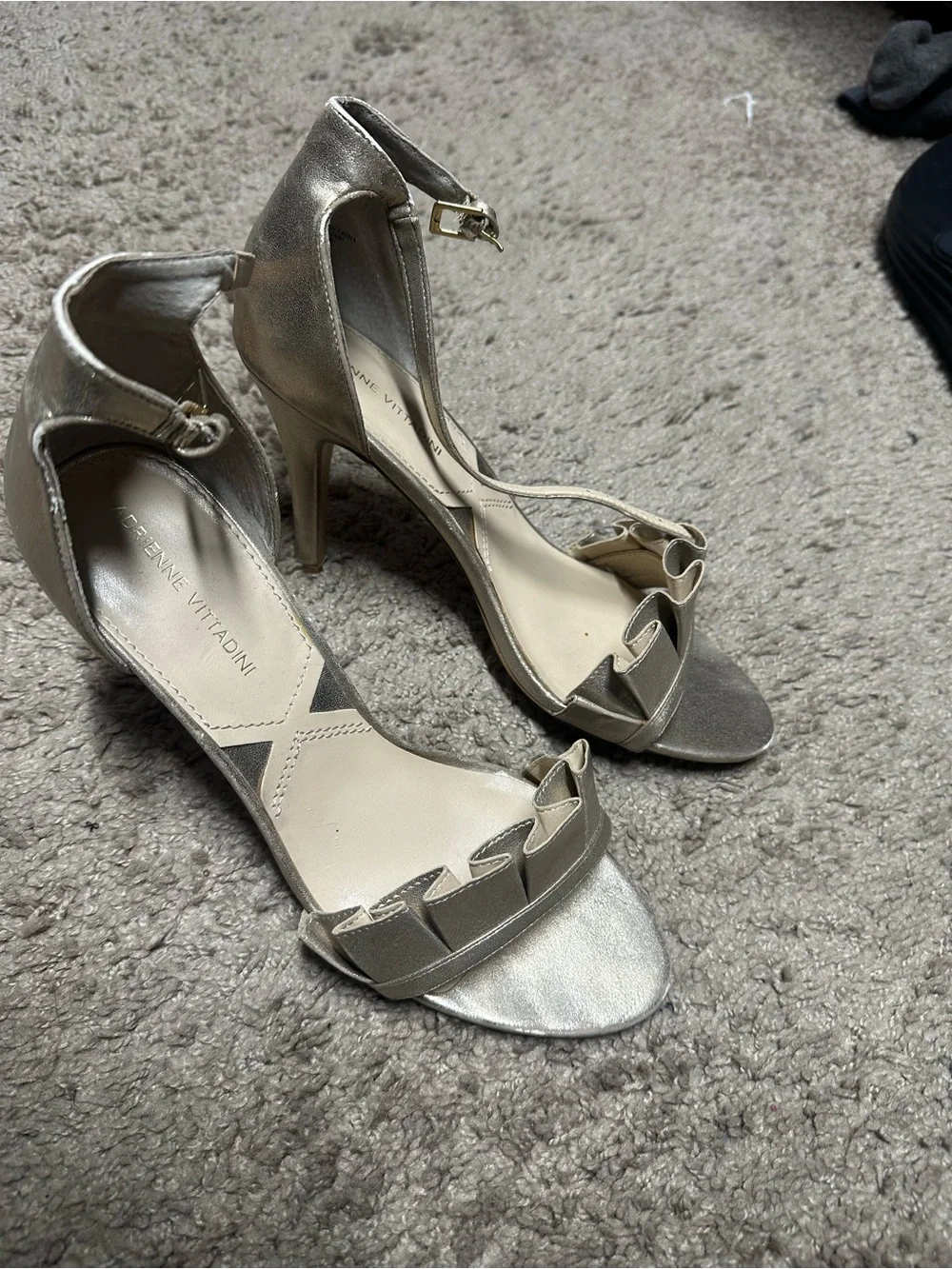 Adrienne Vittadini Silver Ruffle Ankle-Strap Heels